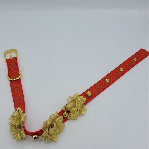 Dog Collar Jingle Bell Red Green Polkadot and Gold Bows Bells. - Picture 7 of 14